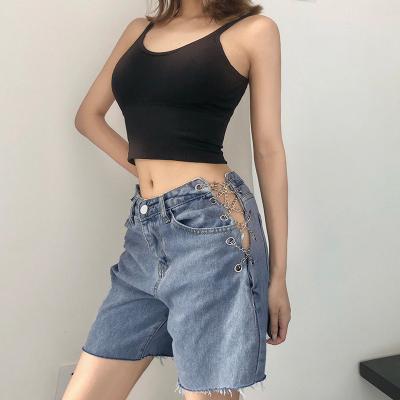 China Breathable High Quality Asymmetrical Sexy Chain Distressed Side Split Denim Jean Shorts Women 2020 for sale