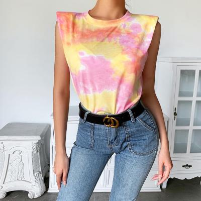 China Anti-Wrinkle Epaulet Sleeveless Women Tie Dye Blouses and T-shirts Tops New Summer Women Ladies T-shirt Vest for sale