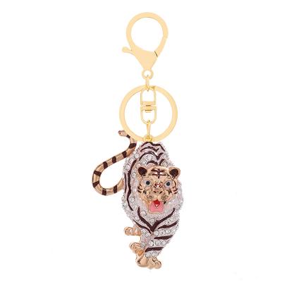 China High Quality Women Girls Gift Crystal+Metal Signs Crystal+Metal Zodiac Tiger Keychains Animal Rhinestone Diamond Painting Tiger Key Chain For Gift for sale