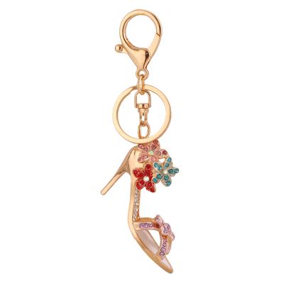 China Hot Zinc Alloy Crystal+Metal Jewelry High Heel 3D Shoe Metal Key Chain Women Flower Keychain Crystal Pendant For Bag Sandals Accessories for sale