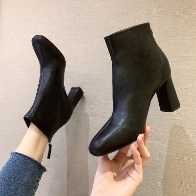 China Wholesale European Sexy Round Square Heel Fashion Women's Leather Ankle Boots Anti-slippery Toe for sale