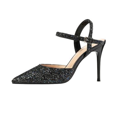 China 2020 fashion black pointed toe thin heel sandals woman waterproof glitter heeled high heels for women for sale