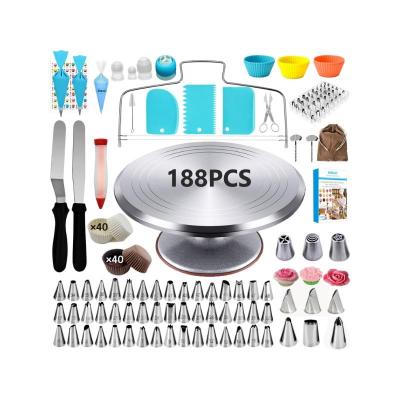 China Viable 188pcs Cake Decorating Supplies Kit For Professional Beginner Birthday Cake Tools Metal Turntable Aluminum Rotating Rack for sale