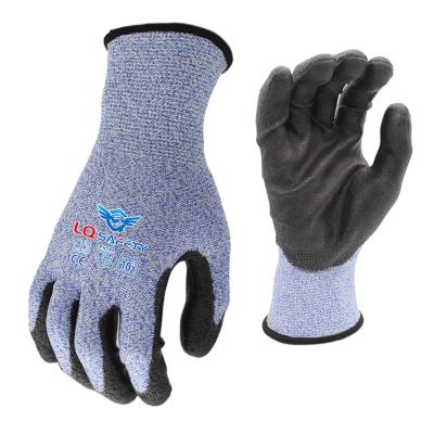 China Anti-cut Custom ANSI Cut 13G A3 Safety Work Cut Resistant Grip With Dry Surfaces Gloves With PU Coated Palm for sale