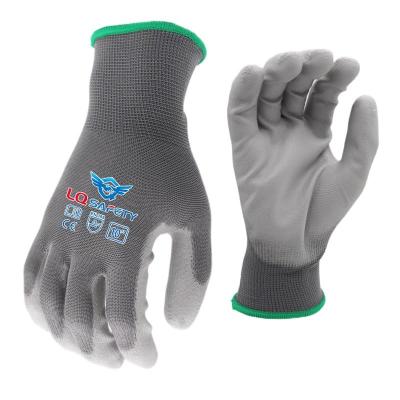 China Anti-Slip Custom 13G Polyester Gray PU Coated Work Safety Gloves PU Coated Safety Hand Dipped Protective Gloves for sale