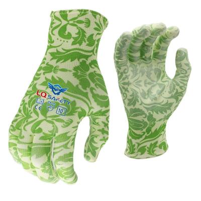 China OEM 13G anti-slip polyester printing PU coated general gloves garden gloves women garden work gloves for sale