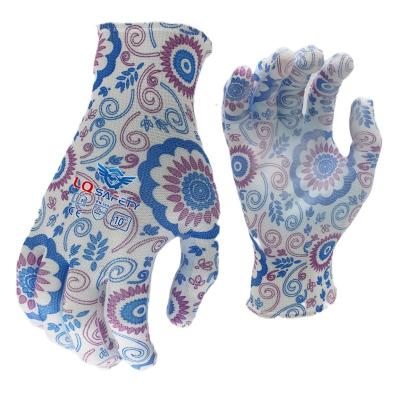 China Anti-slip 13G Polyester Printing PU Coated Gloves Wholesale Garden Gloves Garden Gloves For Women for sale