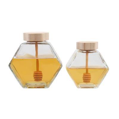 China High Quality Storage 220ml/380ml Glass Bottle Glass Freshness Preservation Honey Jar With Wooden Honey Stick Spoon for sale