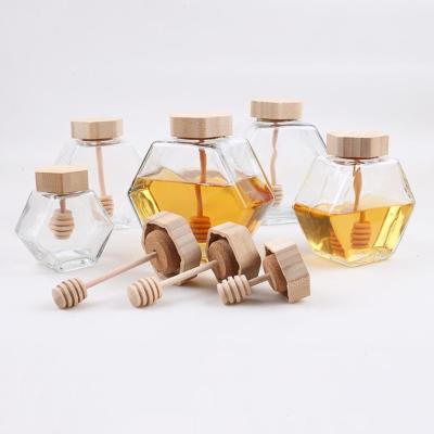 China Wholesale Natural Hexagon Bamboo Empty Hexagon Freshness Storage Cover Natural Royal Honey Jar Container Glass Jar With Dipper for sale