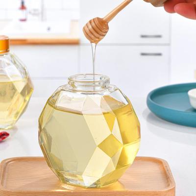 China High Grade Hexagonal Wooden Cover Honey Jar With Stirring Rod Freshness Preservation Glass Jars For Honey for sale