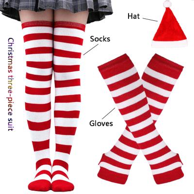 Chine Polyester 3 Pieces Set Christmas Halloween Beanies Santa Claus Cosplay Striped Hats Gloves Socks High Stockings à vendre