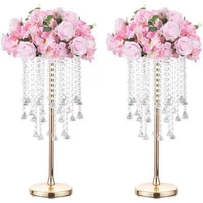 China Wedding Event Concert Metal Gold Vases Centerpiece Table Decorations Wedding Long Flower Vase Decoration with Chandelier Crystals for Reception for sale