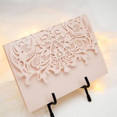 China Elegant Europe Blush Wedding Bridal Shower Engagement Birthday Invite Laser Cut Triple Pocket for sale