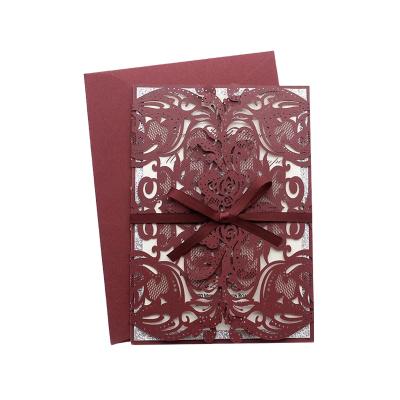 China Europe Laser Cut Hollow Pocket Envelopes Burgundy Bridal Shower Engagement Wedding Invitations Kits for sale