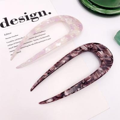 China Retro Women Hair Accessory Sticks Wholesale U Shape Acetate OEM Hair Sticks Custom Logo 2 Fork Hair Sticks For Ponytail Holder for sale