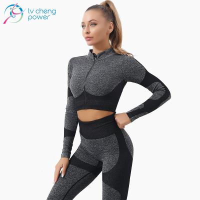 China 2021 Breathable Yoga Sets Custom Logo Women Crop Jacket Yoga Gaiters And Heads 2 Piece Active Fitness Wear Set for sale