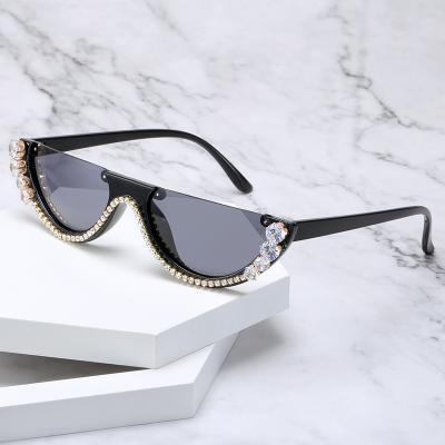 China Luxury Glass Shades Diamond Sunglasses Half Frame Rhinestone Sun Glass Shades Eyewear New Style Retro Fashion Sunglasses Black Trendy Personality Eyewear for sale