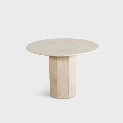 China Contemporary home deco natural stone furniture round travertine dining table with hexagon base for sale