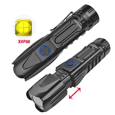 China 26650 battery aluminum alloy 30w xhp90 outdoor adjustable zoom new portable high power led flashlight for sale