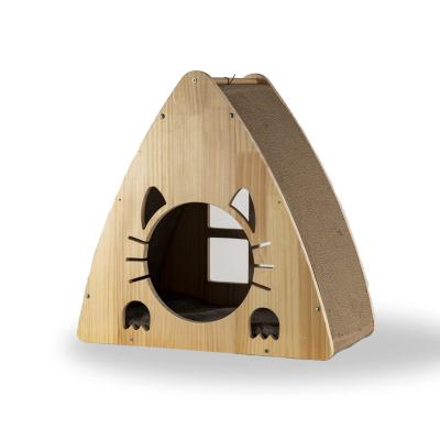 China Windproof Indoor Triangular Natural Solid Wood cat house,sturdy Cat Condo cat house With cat scratch board for cats,puppy and small animal for sale