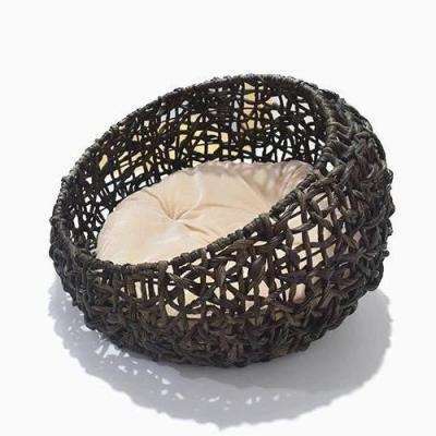 China Breathable Round Handmade Rattan Pet House Cat Kennel Cat Hideaway Hut Washable cat bed dog basket Comfort and Circulation with Cushion for sale