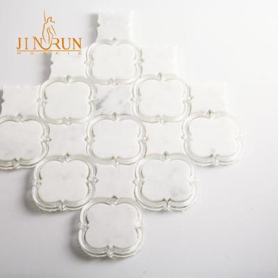 China Marble Kitchen Glass Covered Parquet Arabesque Backsplash Tiles Mosaic Waterjet for sale