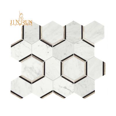 China Brass Parquet Carrara Honeycomb Marble Mosaic Floor And Wall Slab for sale