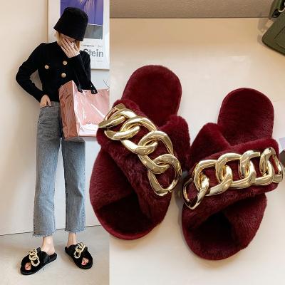 China Hot Selling Fashion Trend Ins Ladies Fur Slides New Fashion Autumn Winter Flat Cute Cotton Hairy Slippers Women for sale