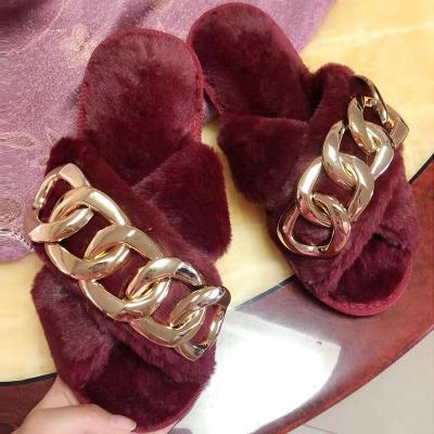 China New fashion trend fashion ladies fur furry slippers women furry autumn slippers metal cute cotton flat cheap cross chained winter for sale