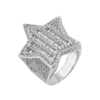 China Luxury Diamond Star Rings Full Pave 3A CZ Diamond Five Stone Star Cuban Hip Pop Jewelry Full Iced Out Rings For Men for sale