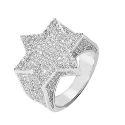 China Hip Hop New Arrival Cuban Hip Hop Diamond Hexagram Rings Micro Inlay Zircon Ring Full Real Zircon Gold Plating Ring for sale