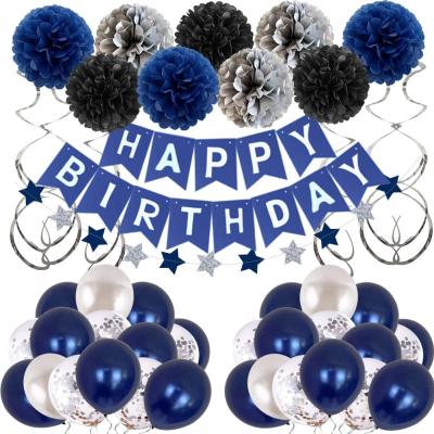 China Dark Blue Happy Birthday Paper Banner Latex Balloons Set Pom Tassel Garland Party Birthday Party Decoration for sale