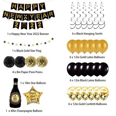 China PVC 2022 new year balloon set new year letter banner flag set new year event party decoration Pphoto props black and golden balloon s for sale