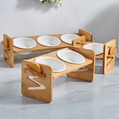 China Hot Selling Viable Pet Feeding Rack Pet Bowl Raised Wooden Cat Bowl Rack for sale