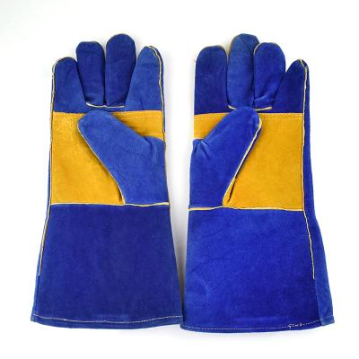 China Full Welding Blue Color Welding Leather Gloves Durable High Temperature Protective Double Palm Safety Woking Gloves for sale