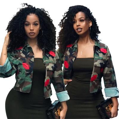 China Fashion 3xl Women Autumn Lips Army Green Camouflage Shirt Collar Jacket Breathable Female Embellished Autumn Coats Girls' Jackets for sale