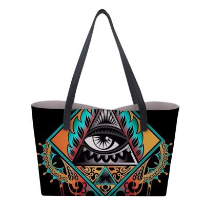 China Large Lightweight Ethnic Style PU Leather Handbags Women Girl Fatima Hamsa Hand Print Shoulder Bag Travel Shopping Totes for sale