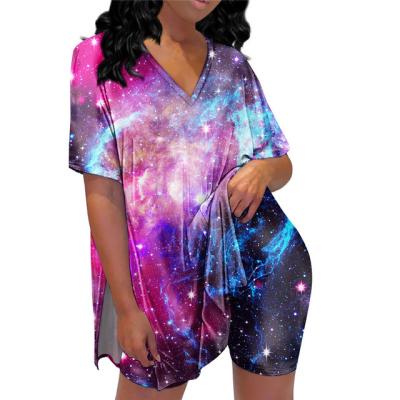 China Women's Starfield Print Blue Galaxy Breathable Purple Space Gear Shorts Sheath Casual Bodycon 2 Two Piece Sets Panty Tracksuit Outwears for sale