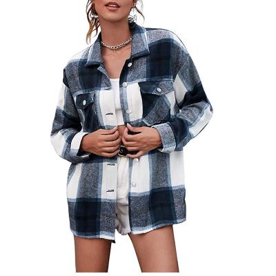 China Anti-Wrinkle Women Casual Plaid Fleece Blend Button Down Long Sleeve Shirt Flannel Shacket Jacket for sale