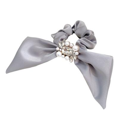 China Faux Stone Silky Satin Silky Satin Bow Vintage Pearl Bow Hair Tie for sale