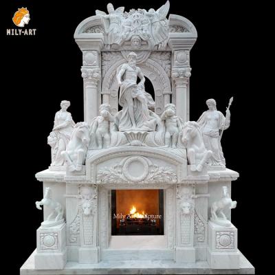 China Modern Natural Stone Hand Carved Large Customized Luxury White Marble Overmantel Double Mantel Fireplace With Poseidon Sculpture for sale