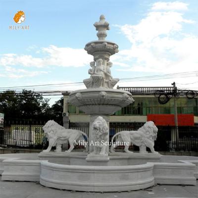 China Classic Customized Hand Carved Large Marble Water Fountain Lion With Figures Waterfall Sculpture for sale