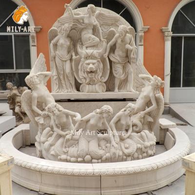 China Large Classical Hot Sale Antique Marble Lion Head and Angel Sculpture Waterfall Wall Fountains for Resort Garden for sale