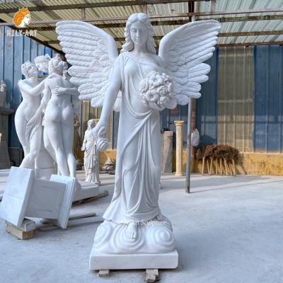 China EUROPEAN Garden Outdoor Hand Carved Large White Marble Angel Statue Wings Flower Sculpture for sale