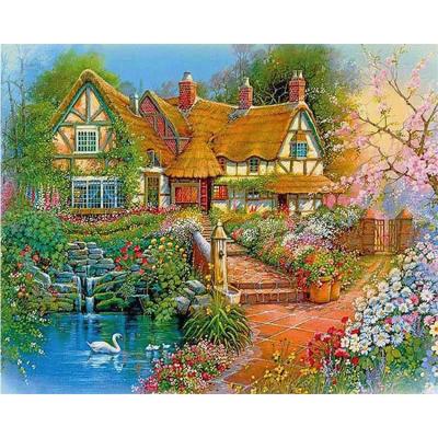 China Home Decor DIY Gift Diamond Embroidery Kits Round Or Square Beautiful Modern House Landscape Beautiful Full House Diamond Painting for sale