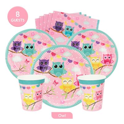 China 2021 New Forest Owl Theme Party Decoration Tableware Animal Paper Sets For Kids Birthday Paper Plates Cups Napkins Swirl Cloth for sale