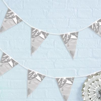 China 608207 PE Plastic Triangle Flag Bunting PE Pennant 10m Twine Silver Foil Color For Event Decoration Party Supplies for sale