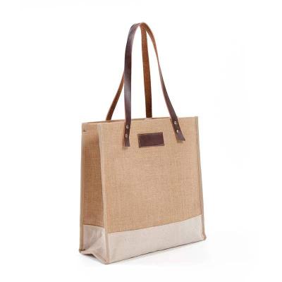 China Soft ; Light ; Wholesale Reusable/Recyleable Bag Jute Tote Designer Custom Fashion Logo Recycle Jute Foldable Shopping Bag With Leather Handle for sale