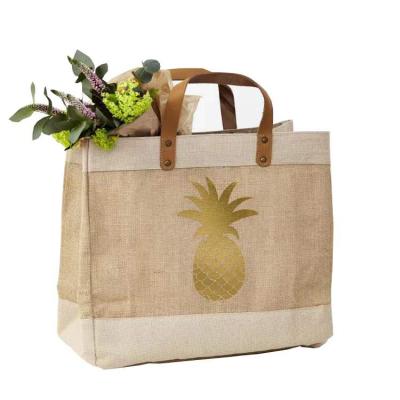 China Soft ; Light ; Reusable / Recyleable Custom Eco Designer Burlap Fashion Reusable Reusable Shopping Bag With Leather Handles Straps for sale