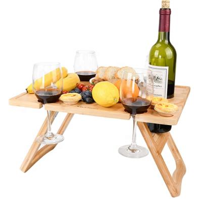 China Viable Bamboo Folding Picnic Table with Wine Rack and Wine Glass Holder Collapsible Bamboo Folding Portable Snack Table for sale